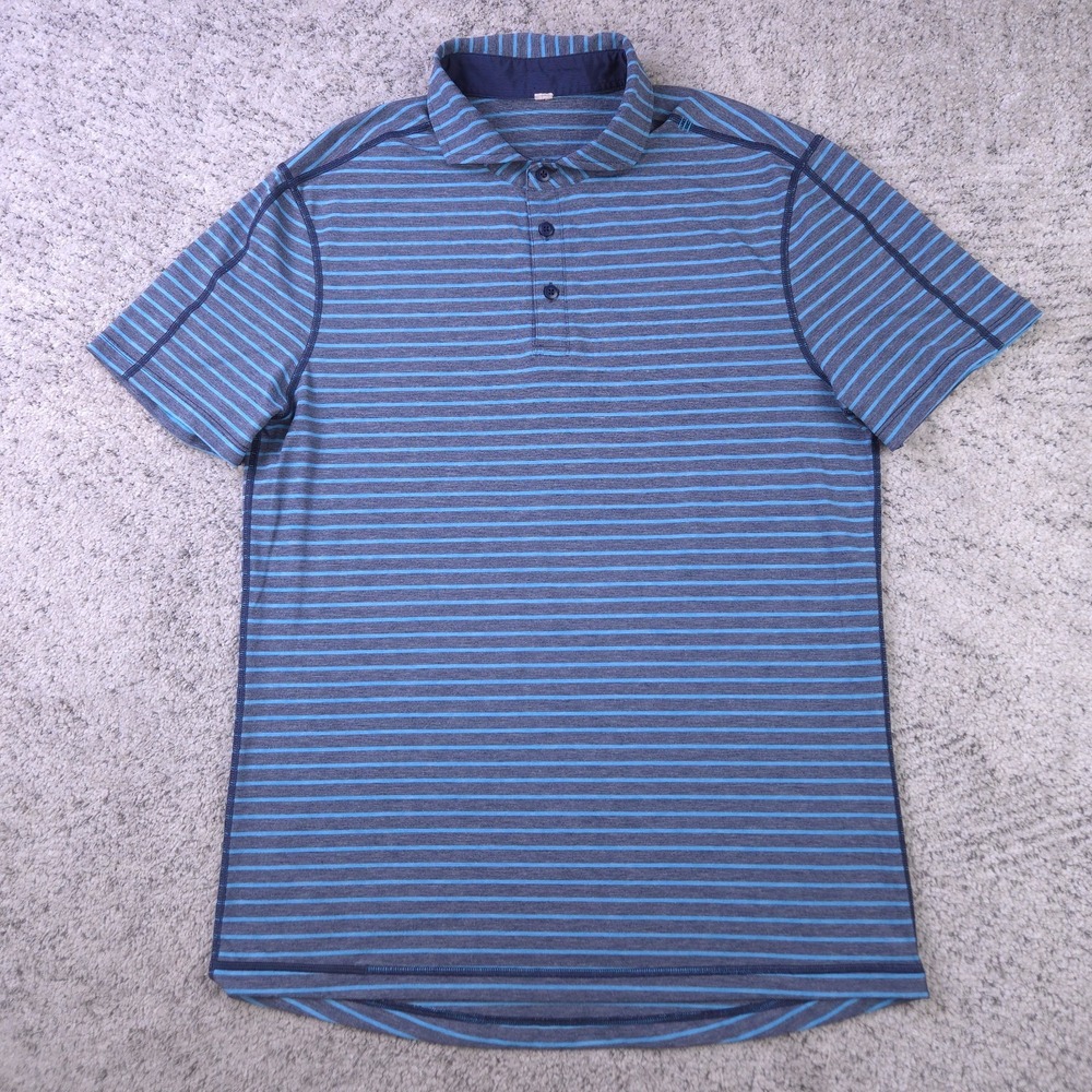 Lululemon Polo Shirt Men Medium Short Sleeve Stretch Striped Cutaway Collar Blue